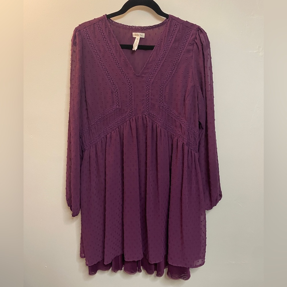 Matilda Jane Womens Purple Swiss Dot Crochet Lace Trim Babydoll Mini Dress Med